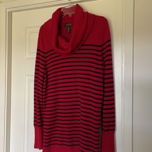 Ralph Lauren Long Sleeve Red & Black Striped Cowl Neck Wool Blend Tunic Sweater